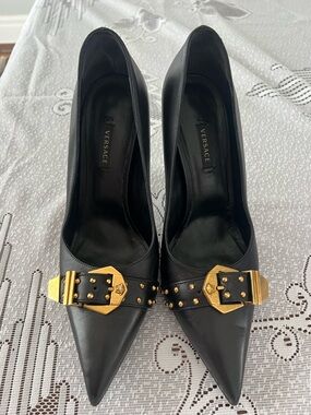 Versace Black Leather Pointed Pumps with Gold Stud Buckles
